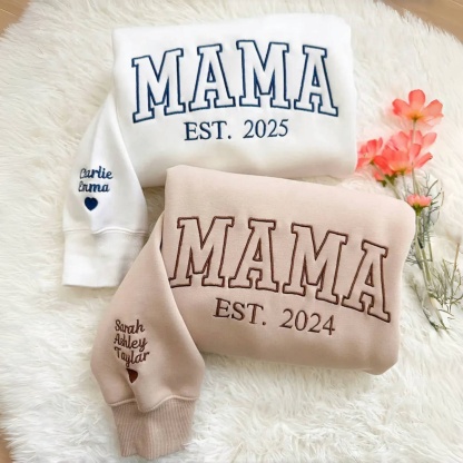 Custom Embroidered Mama Sweatshirt/Hoodie with Kids Names on Sleeve Mother's Day Gift