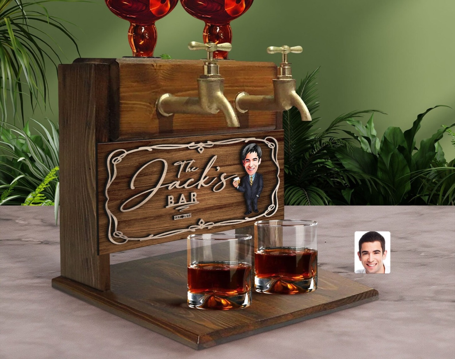 Personalized Cartoon Embossed Wooden Double Faucet Whiskey Dispenser, Bar, Home Bar, Pub and Pub Shed, Wine, Vodka Dispenser, Wood Fountain