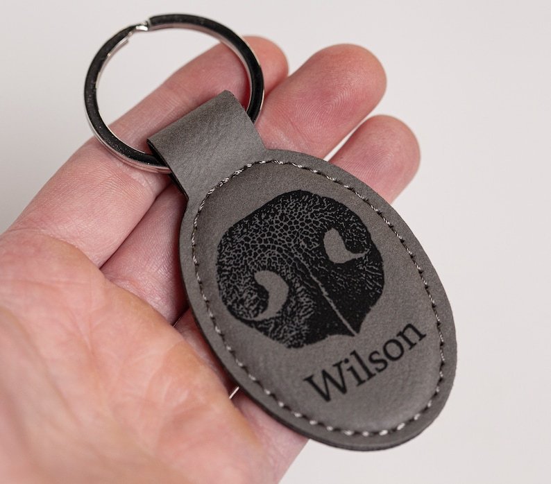 Personalized Pet Nose Print Keychain, Oval Vegan Leather Keyring, Pet Lover Memorial Keychain