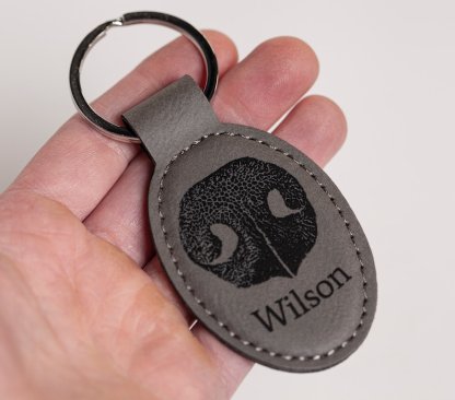 Personalized Pet Nose Print Keychain, Oval Vegan Leather Keyring, Pet Lover Memorial Keychain