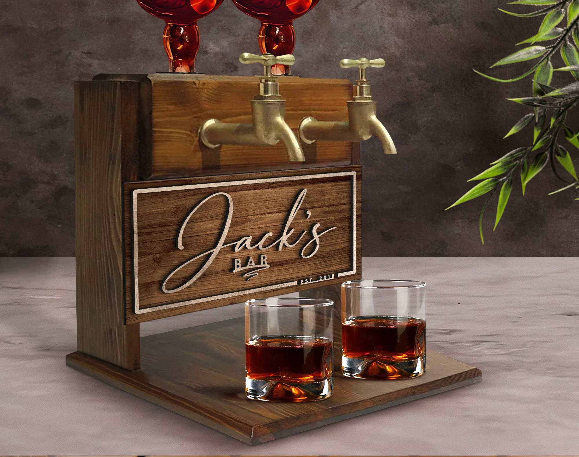 Personalized Embossed Named Wooden Double Faucet Whiskey Dispenser, Bar, Home Bar, Pub and Pub Shed, Wine, Vodka, Liquor Dispenser, Fountain