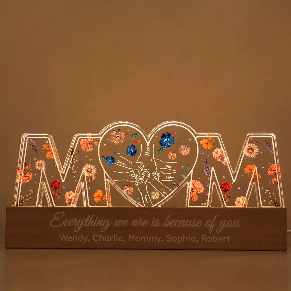 Customized Holding Mom‘s Hand With Flower Print LED Night Light, Birthday Flowers, Gift For Mom, Gift For Grandma