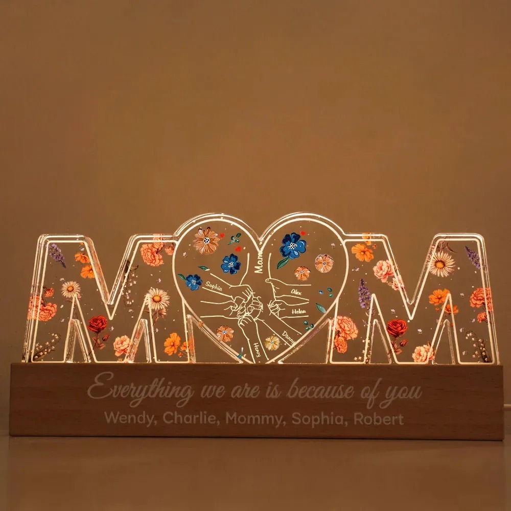 Customized Holding Mom‘s Hand With Flower Print LED Night Light, Birthday Flowers, Gift For Mom, Gift For Grandma