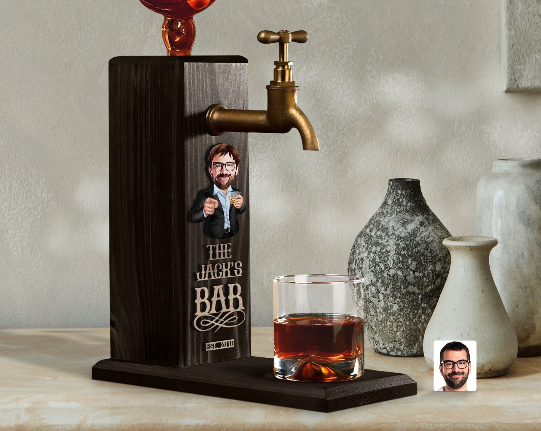 Personalized Embossed Name Wooden Whiskey Dispenser with Cartoon, Bar, Home Bar, Pub and Pub Shed, Wine, Vodka Dispenser, Whiskey Fountain