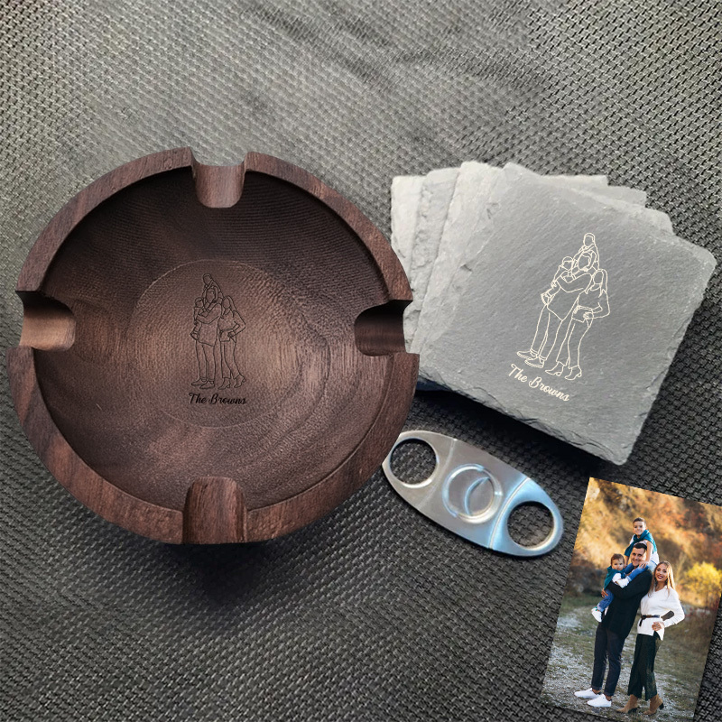 Personalized Dad Family Photo Line Design Walnut Cigar Ash Tray, Unique Gift for Cigar Lovers Family