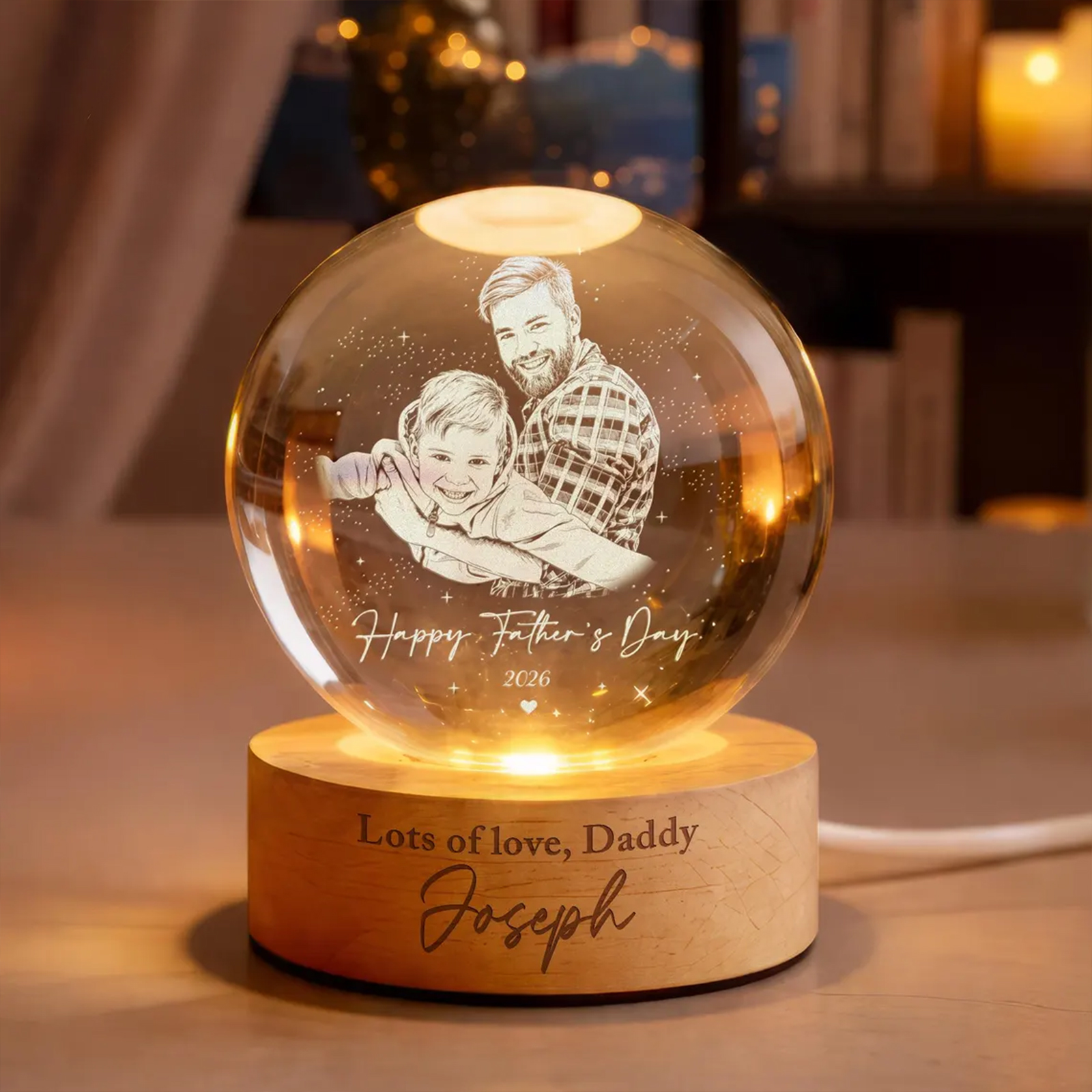 Personalized LED Light Gift For Dad, Custom Photo Crystal Ball Light Night