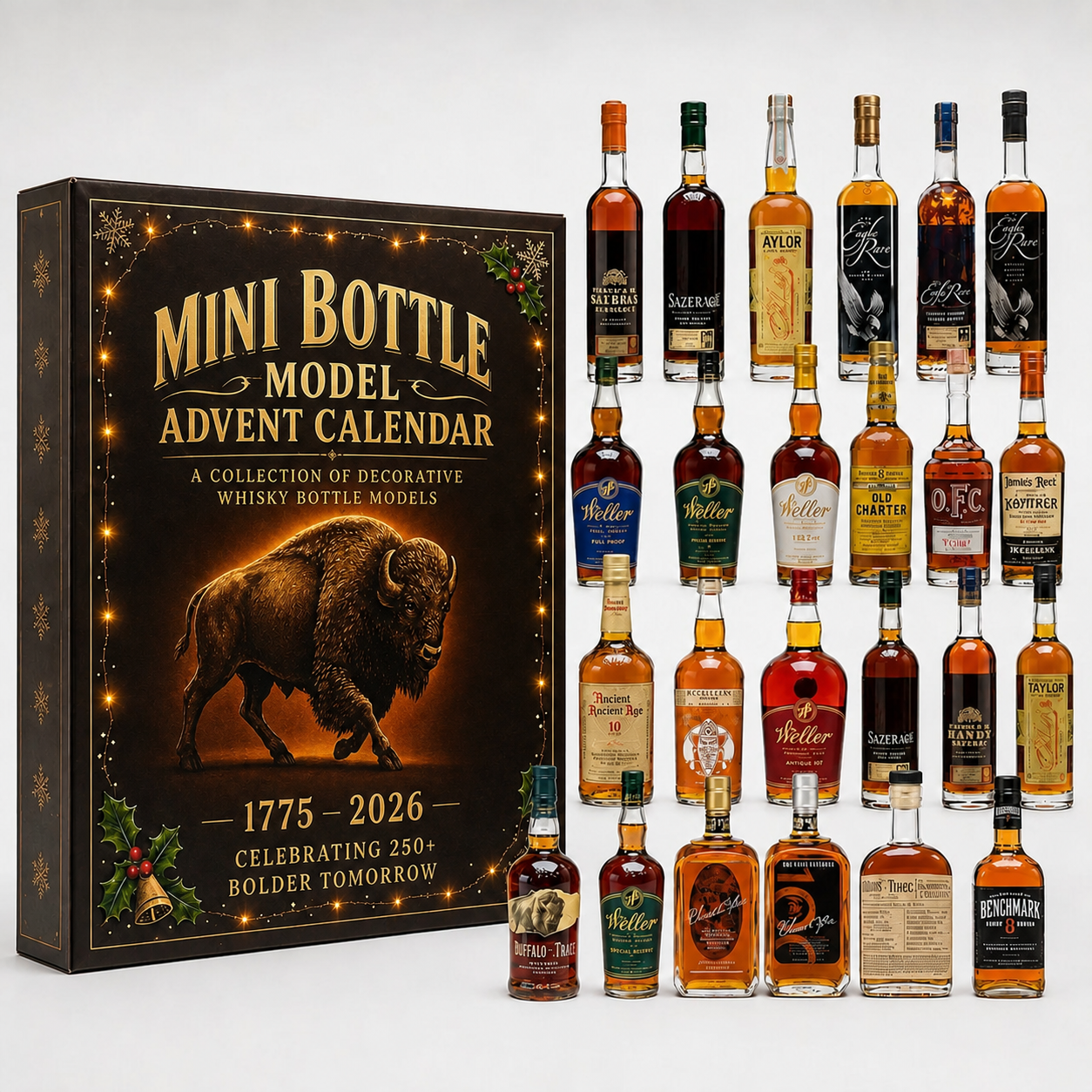 Christmas Whisky Advent Calendar With 24 Doors Featuring Decorative Whisky Bottle Designs