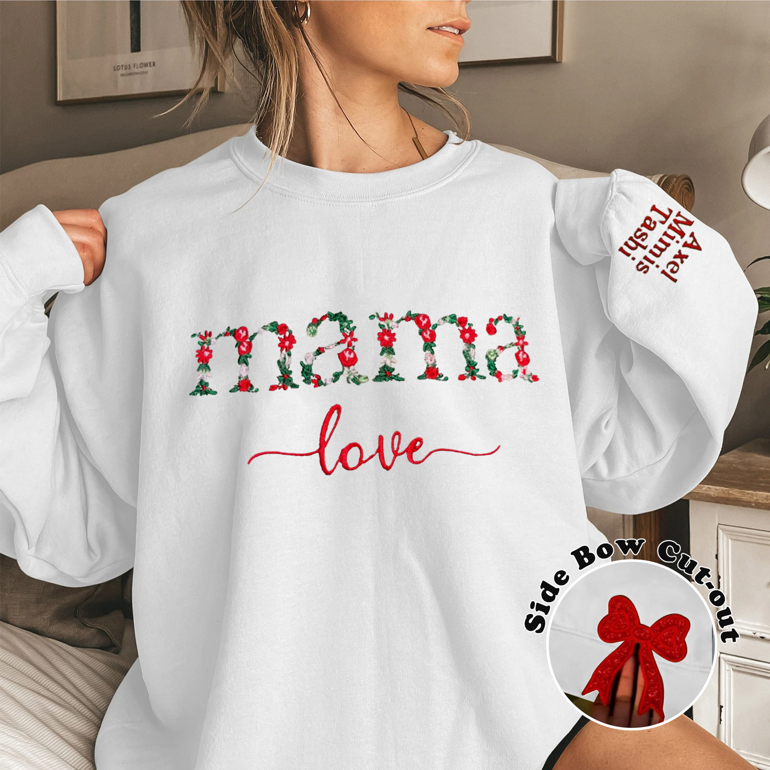 Mama Love Side Bow Applique Embroidered Sweater 商品缩略图
