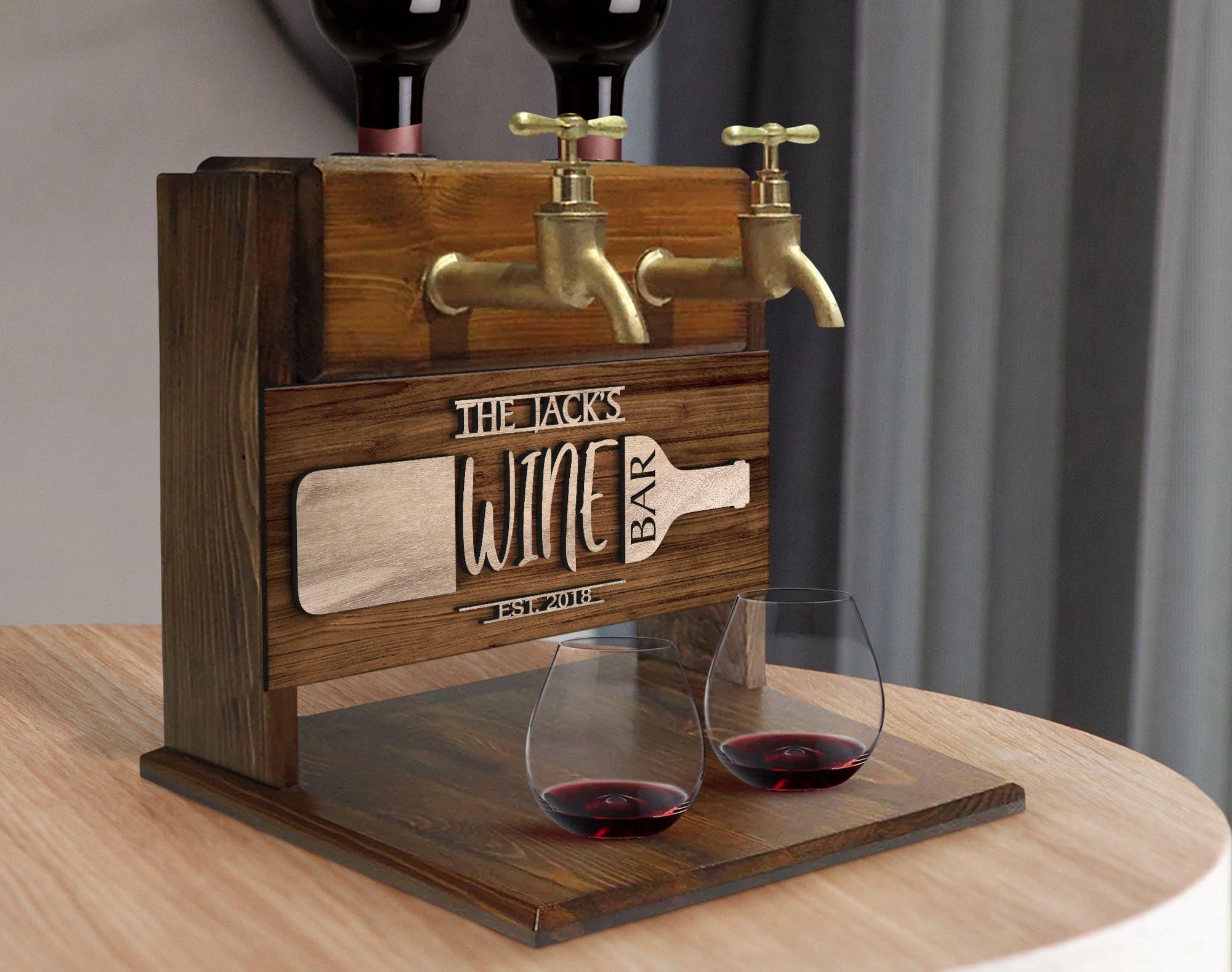 Personalized Embossed Named Wooden Double Faucet Wine Dispenser, Home Bar, Bar Decor, Whiskey, Vodka, Alcoholic Drink Fountain, Gift for Him