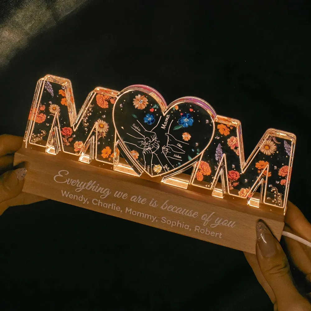 Customized Holding Mom‘s Hand With Flower Print LED Night Light, Birthday Flowers, Gift For Mom, Gift For Grandma