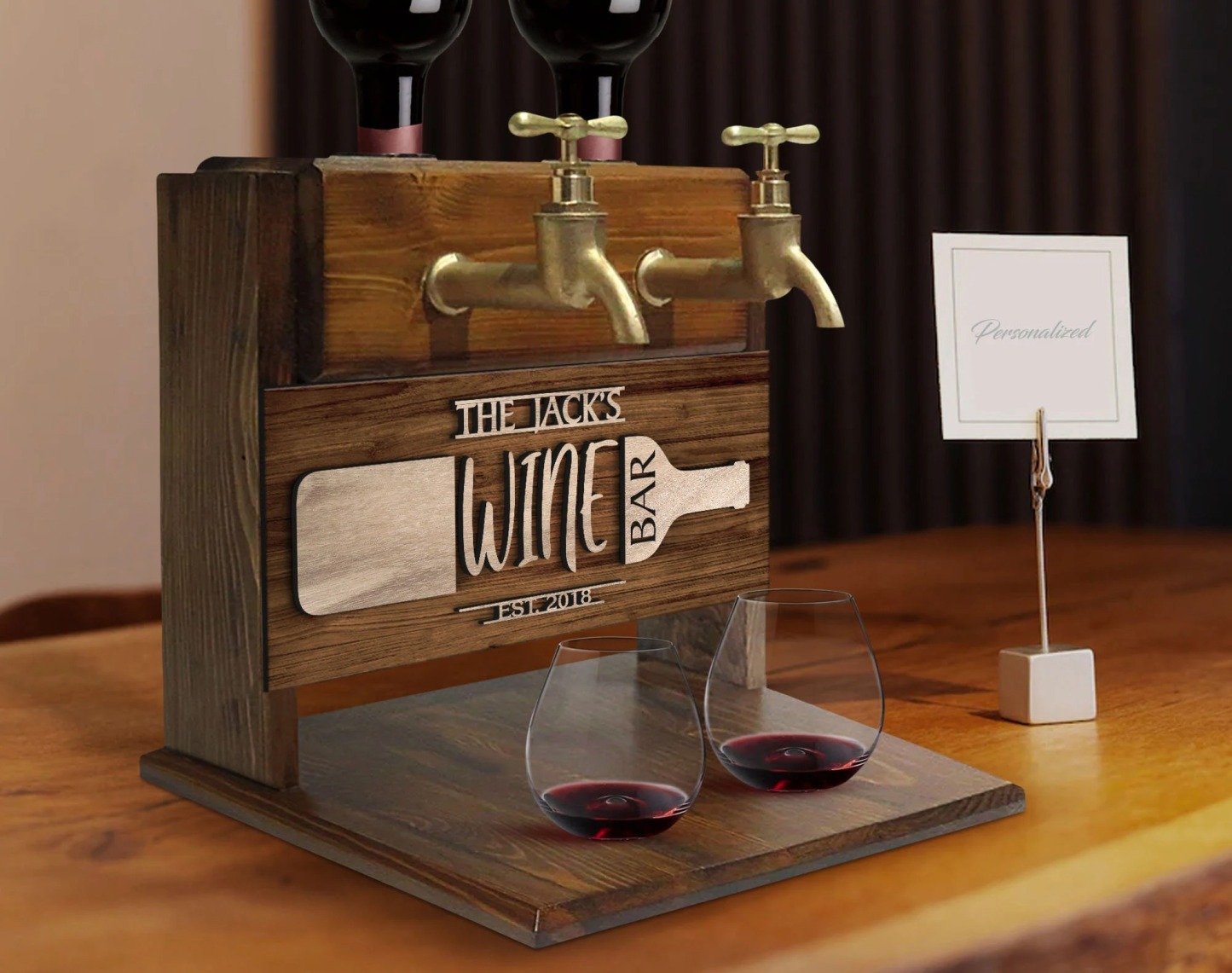 Personalized Embossed Named Wooden Double Faucet Wine Dispenser, Home Bar, Bar Decor, Whiskey, Vodka, Alcoholic Drink Fountain, Gift for Him