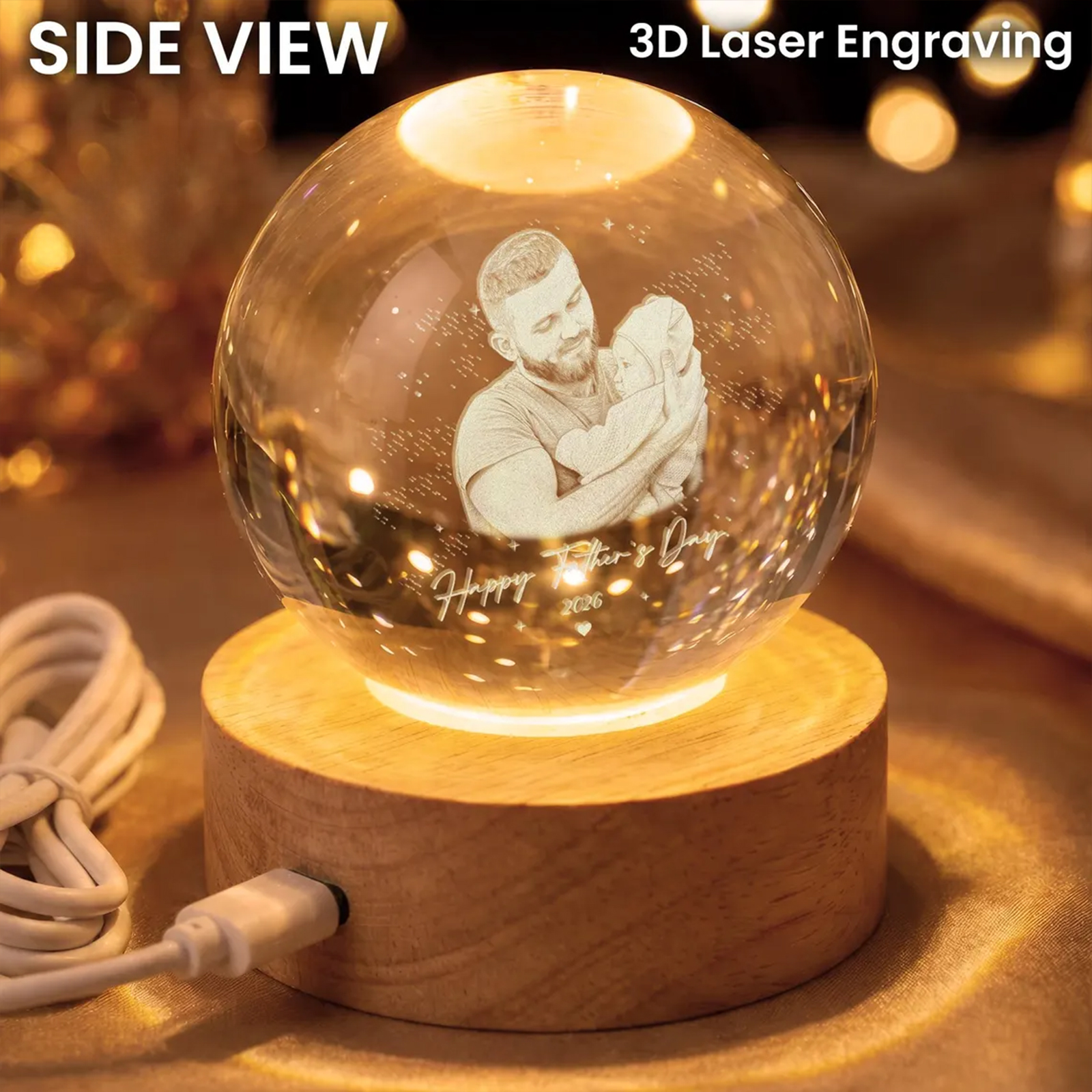 Personalized LED Light Gift For Dad, Custom Photo Crystal Ball Light Night