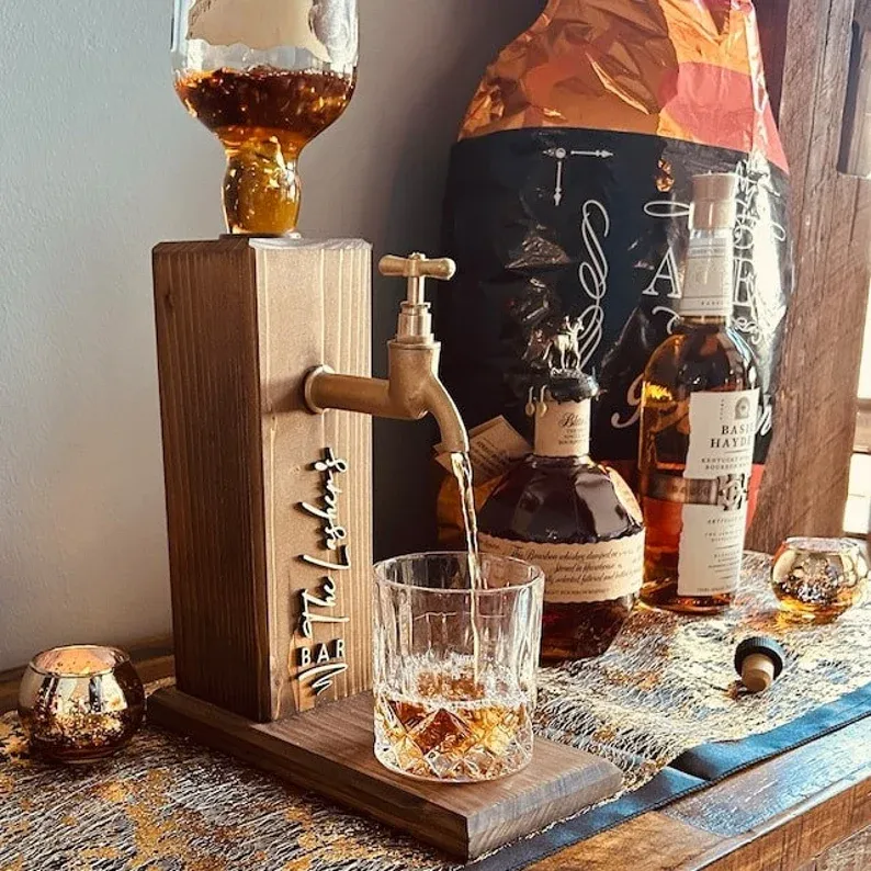 Personalized Embossed Named Wooden Whiskey Dispenser and Wood Coasters Set, Bar, Pub, Wine, Vodka, Liquor Dispenser, Wood Whiskey Fountain