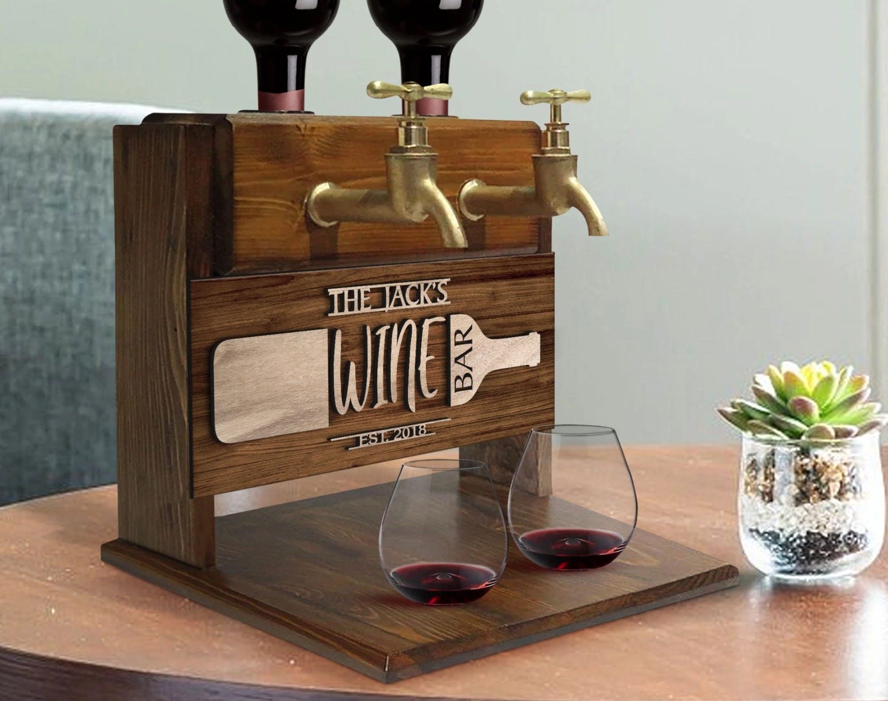 Personalized Embossed Named Wooden Double Faucet Wine Dispenser, Home Bar, Bar Decor, Whiskey, Vodka, Alcoholic Drink Fountain, Gift for Him