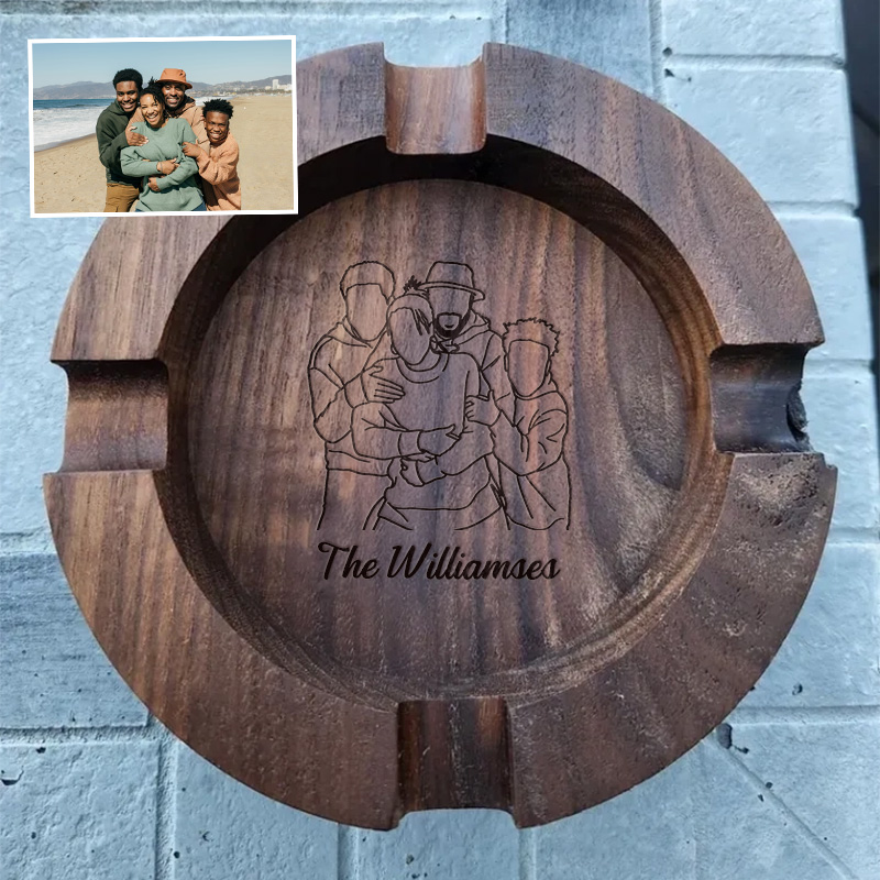 Personalized Dad Family Photo Line Design Walnut Cigar Ash Tray, Unique Gift for Cigar Lovers Family