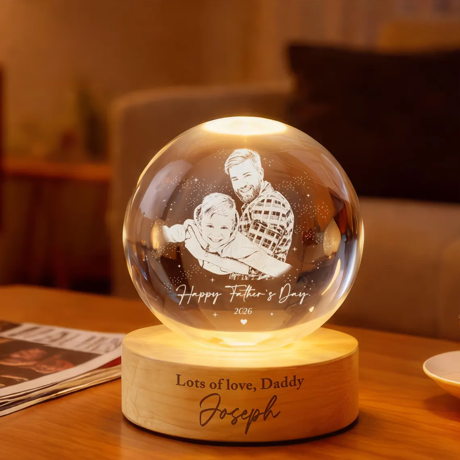 Personalized LED Light Gift For Dad, Custom Photo Crystal Ball Light Night