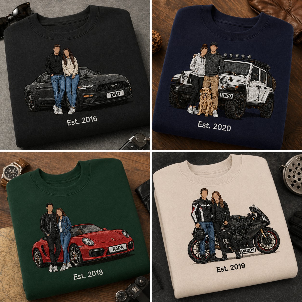 Personalized Dad Embroidered Sweatshirt with Family Portrait, Car & Custom Date