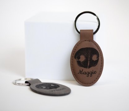 Personalized Pet Nose Print Keychain, Oval Vegan Leather Keyring, Pet Lover Memorial Keychain