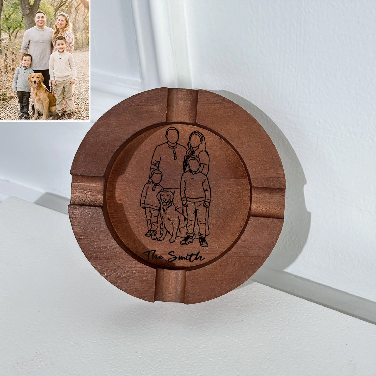 Personalized Dad Family Photo Line Design Walnut Cigar Ash Tray Set(Without Cigar)