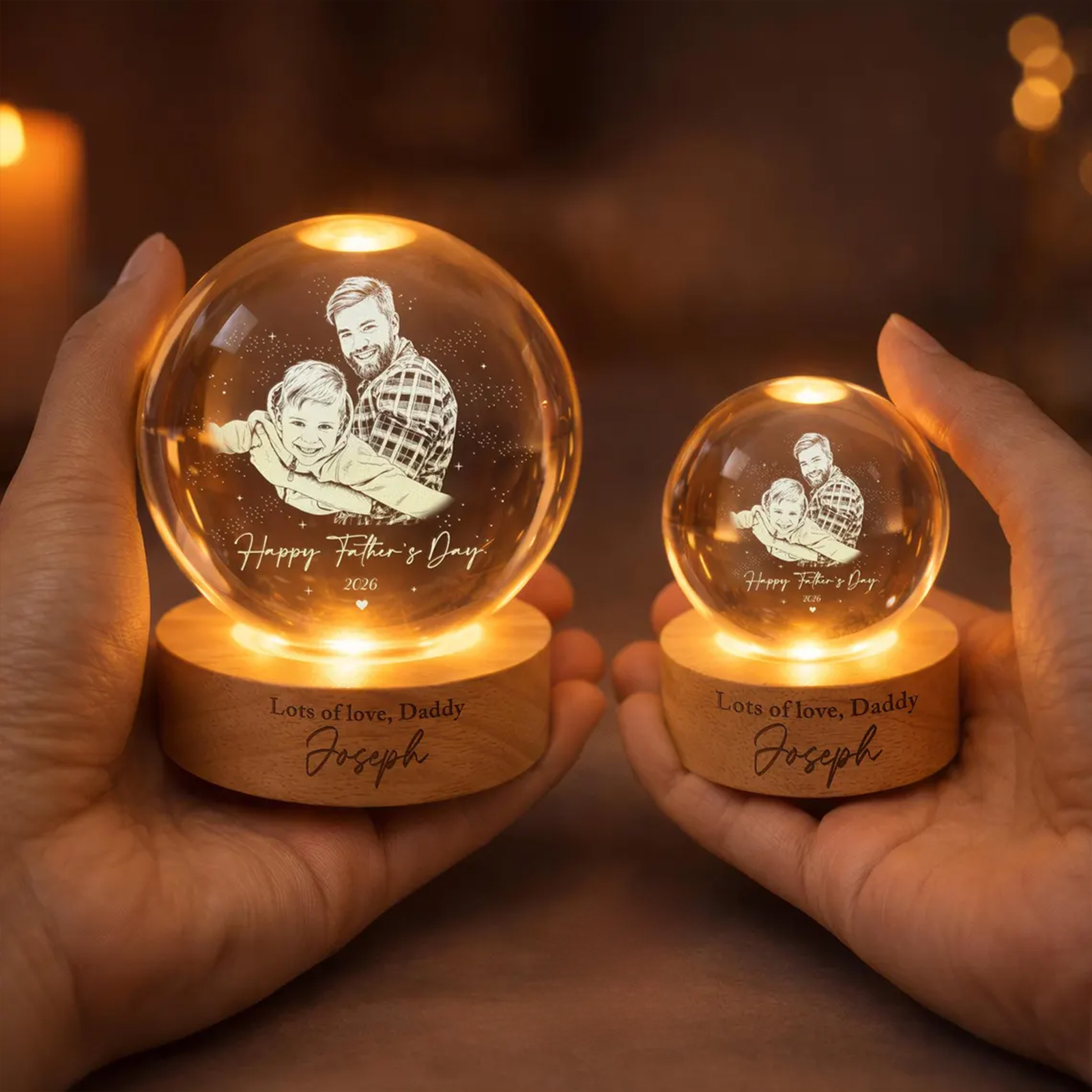 Personalized LED Light Gift For Dad, Custom Photo Crystal Ball Light Night