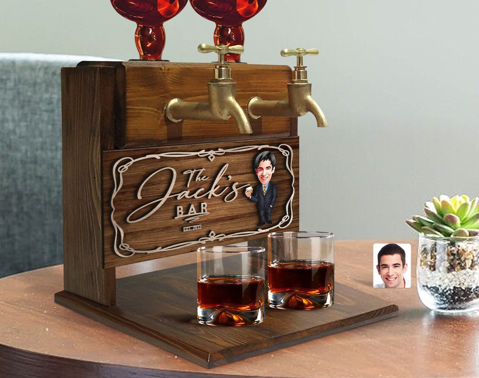 Personalized Cartoon Embossed Wooden Double Faucet Whiskey Dispenser, Bar, Home Bar, Pub and Pub Shed, Wine, Vodka Dispenser, Wood Fountain