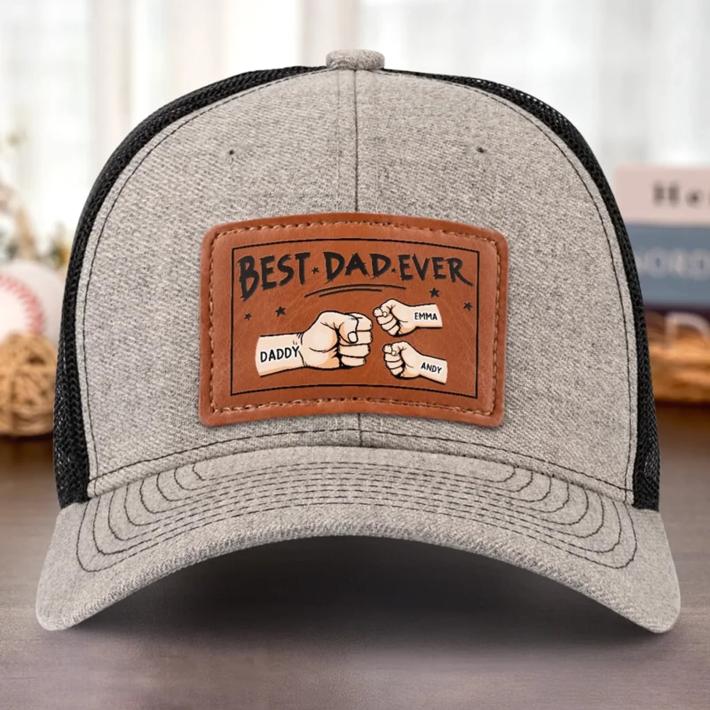 Best Papa Ever - Family Personalized Custom Leather Patch Hat - Gift For Dad, Grandpa