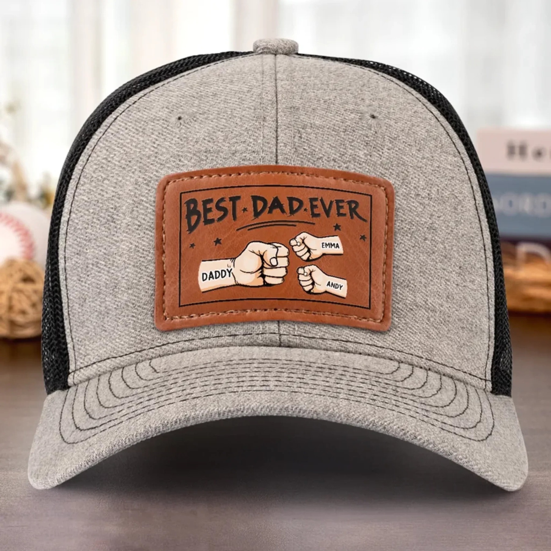 Best Papa Ever - Family Personalized Custom Leather Patch Hat - Gift For Dad, Grandpa