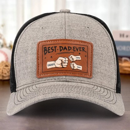 Best Papa Ever - Family Personalized Custom Leather Patch Hat - Gift For Dad, Grandpa