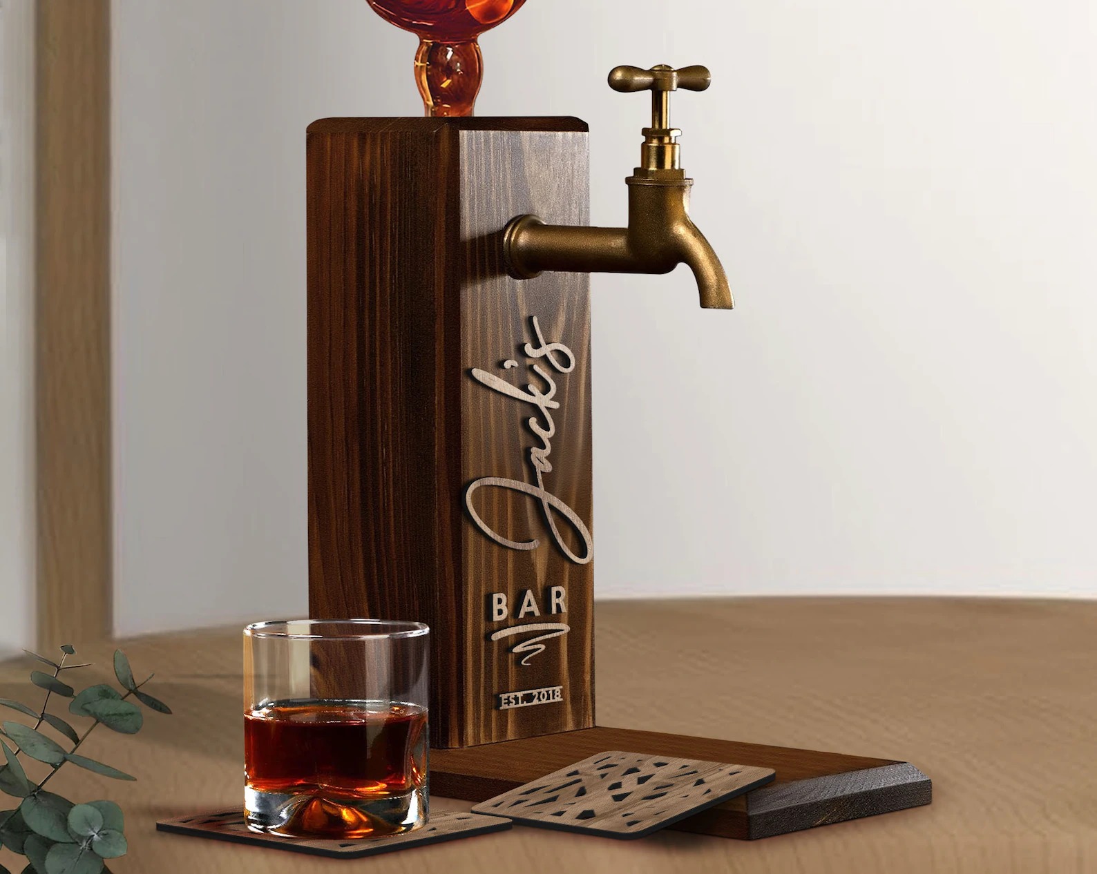 Personalized Embossed Named Wooden Whiskey Dispenser and Wood Coasters Set, Bar, Pub, Wine, Vodka, Liquor Dispenser, Wood Whiskey Fountain