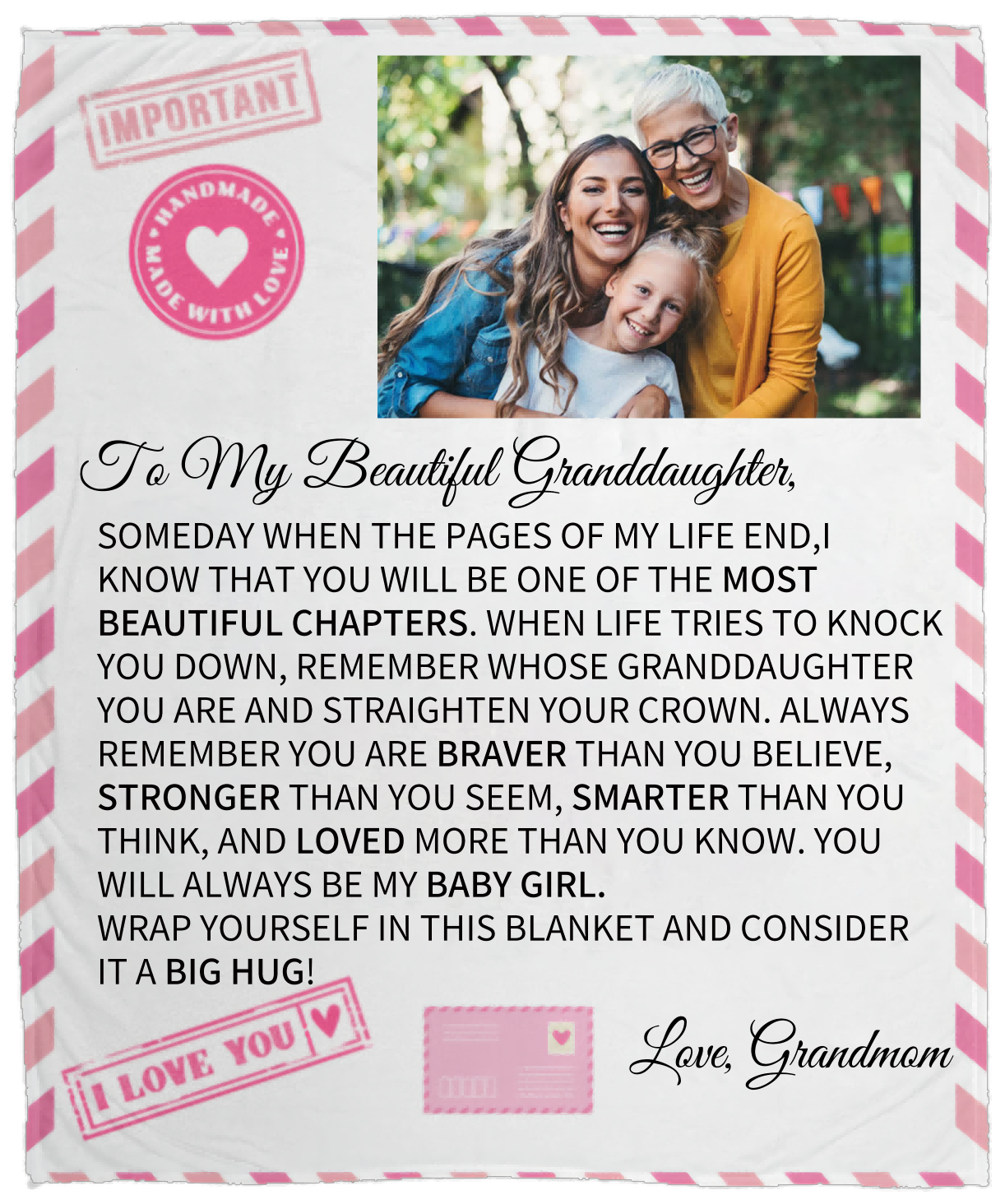 TO MY BEAUTIFUL GRANDDAUGHTER PHOTO BLANKET LOVE COZY POSTCARD