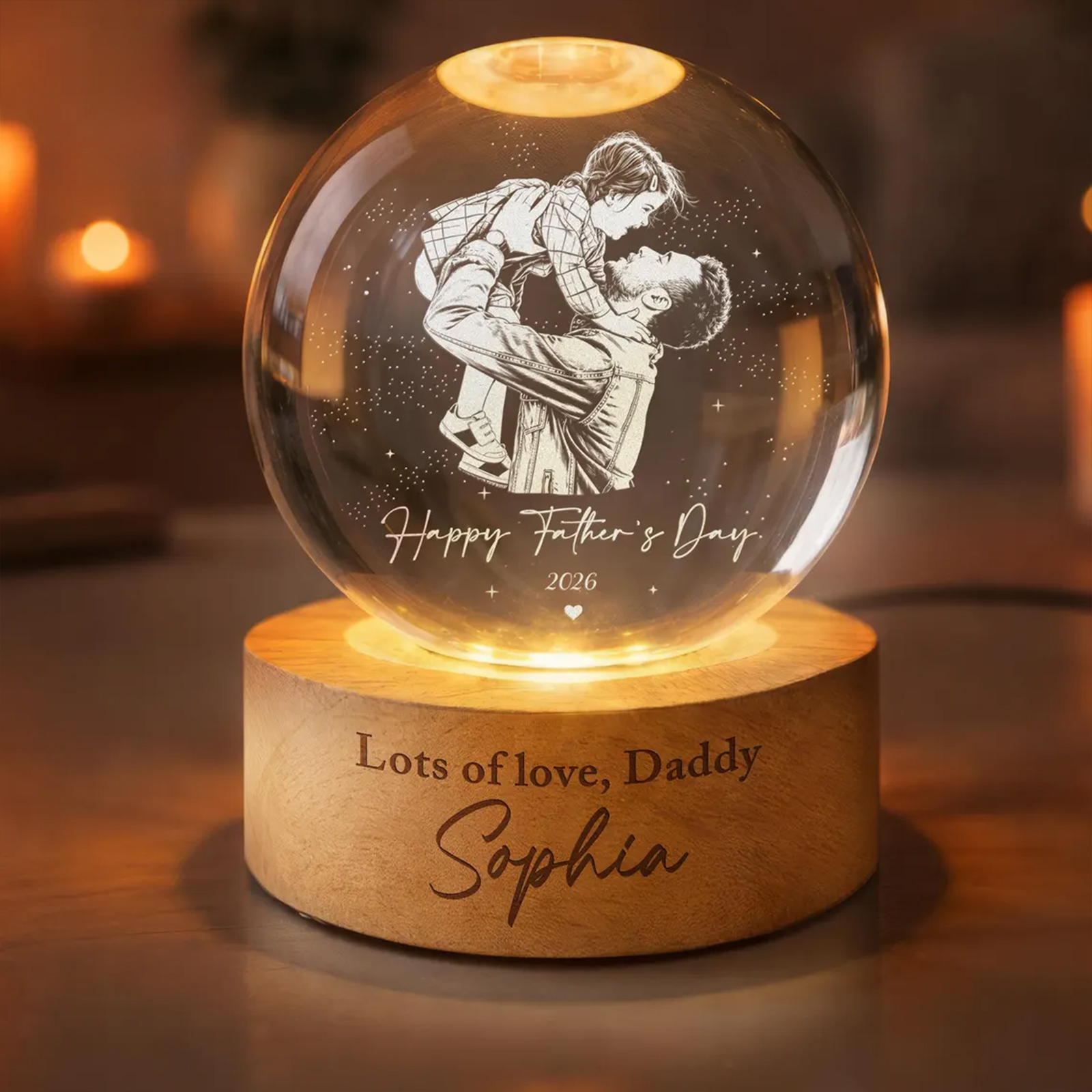 Personalized LED Light Gift For Dad, Custom Photo Crystal Ball Light Night