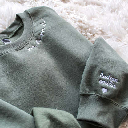 💖Custom Mama Embroidered Sweatshirt with Kids Names sleeve for Mom Mother's Day Birthday Gifts