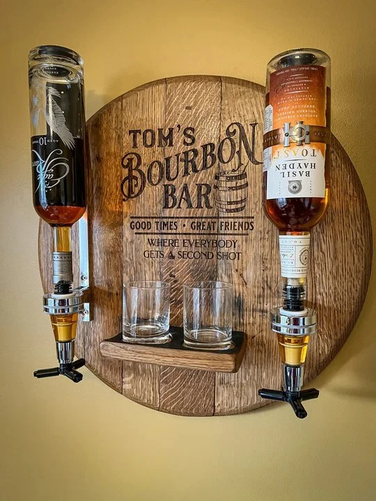 Wall-Mounted Liquor Dispenser from Bourbon/Whiskey /lrish/rum Barrel Lid