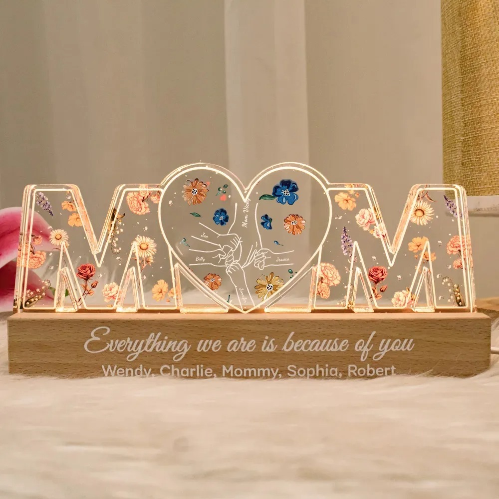 Customized Holding Mom‘s Hand With Flower Print LED Night Light, Birthday Flowers, Gift For Mom, Gift For Grandma