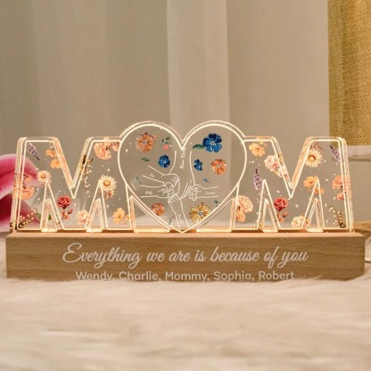 Customized Holding Mom‘s Hand With Flower Print LED Night Light, Birthday Flowers, Gift For Mom, Gift For Grandma
