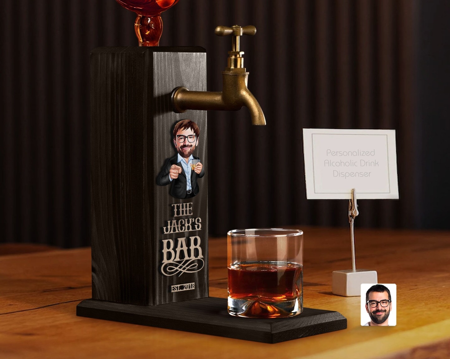 Personalized Embossed Name Wooden Whiskey Dispenser with Cartoon, Bar, Home Bar, Pub and Pub Shed, Wine, Vodka Dispenser, Whiskey Fountain