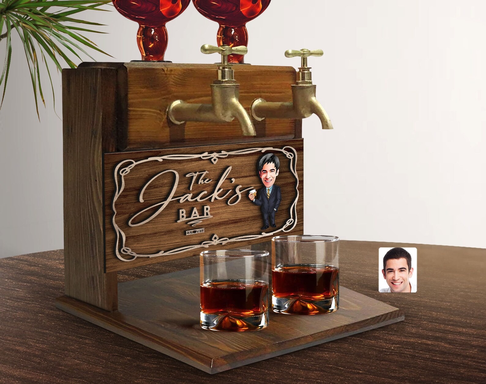 Personalized Cartoon Embossed Wooden Double Faucet Whiskey Dispenser, Bar, Home Bar, Pub and Pub Shed, Wine, Vodka Dispenser, Wood Fountain