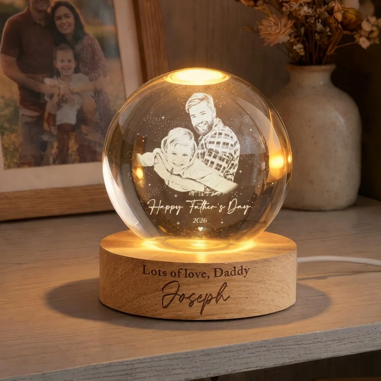 Personalized LED Light Gift For Dad, Custom Photo Crystal Ball Light Night