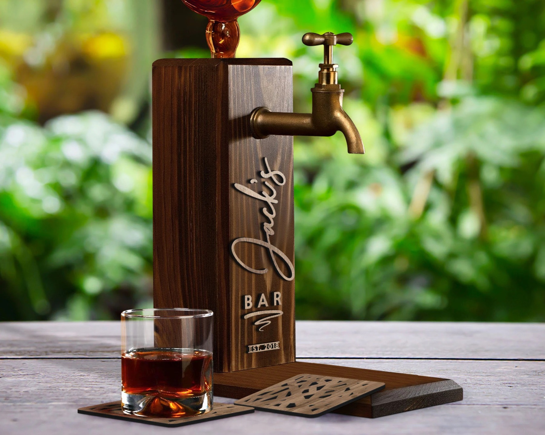 Personalized Embossed Named Wooden Whiskey Dispenser and Wood Coasters Set, Bar, Pub, Wine, Vodka, Liquor Dispenser, Wood Whiskey Fountain