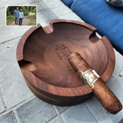 Personalized Dad Family Photo Line Design Walnut Cigar Ash Tray, Unique Gift for Cigar Lovers Family