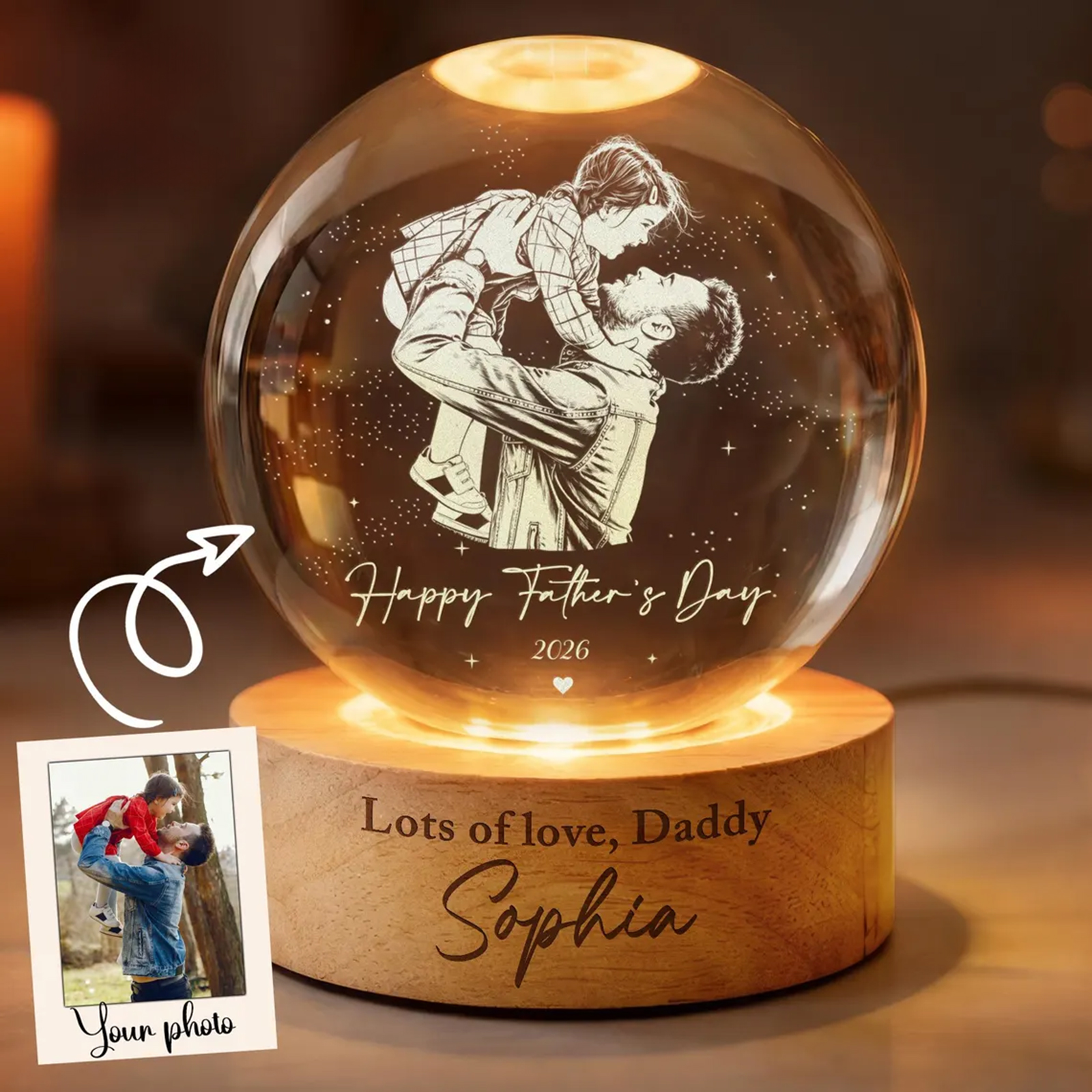 Personalized LED Light Gift For Dad, Custom Photo Crystal Ball Light Night 商品缩略图