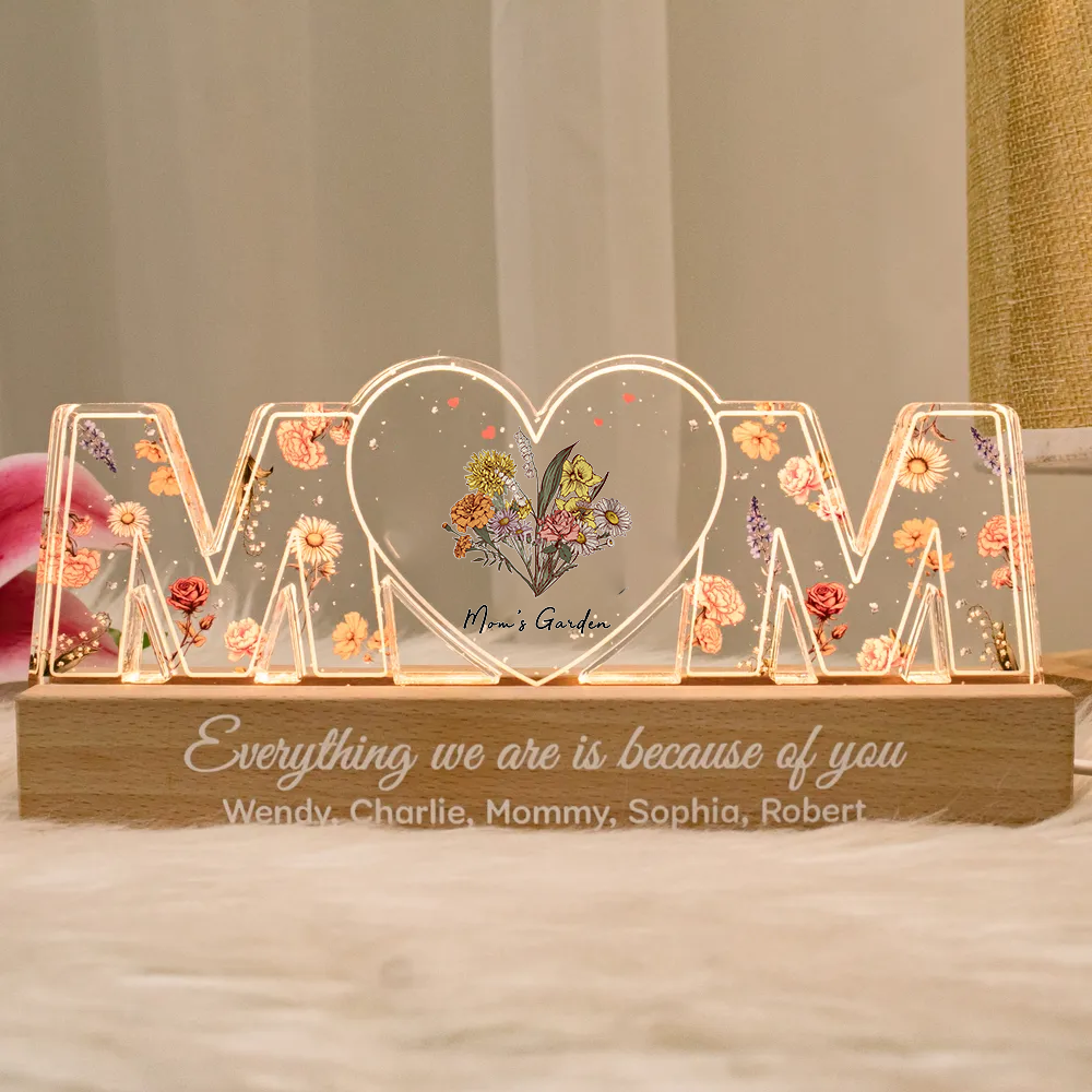 Customized Flower Print LED Night Light, Birthday Flowers, Gift For Mom, Gift For Grandma