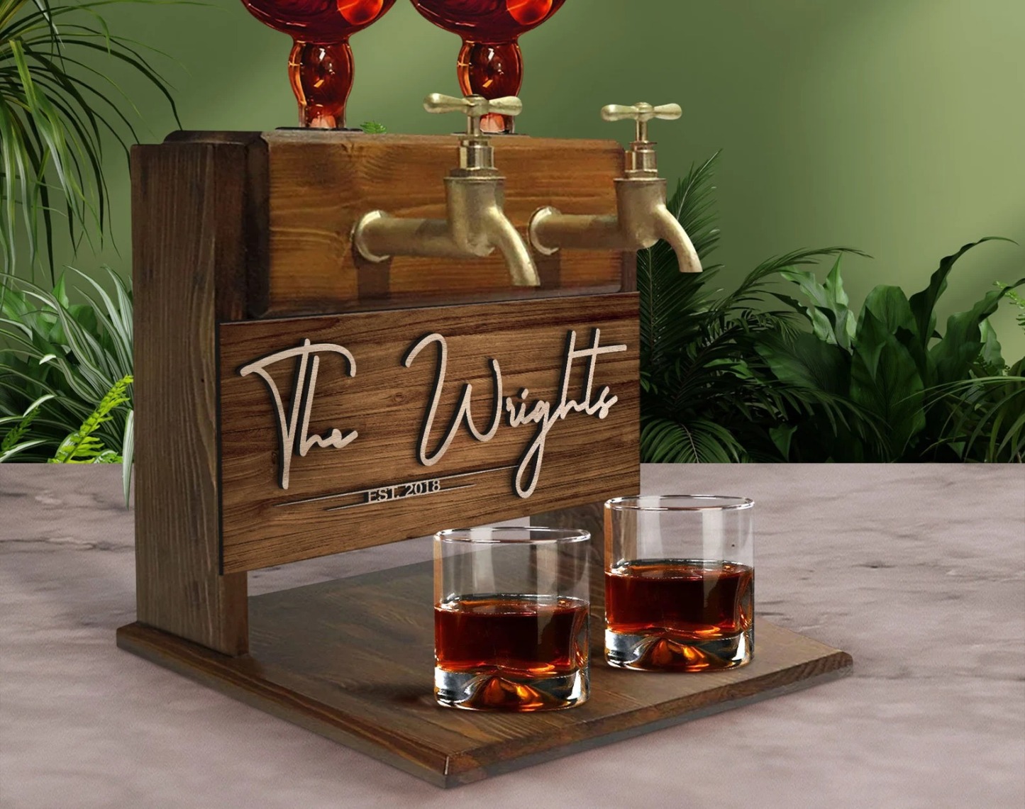 Personalized Embossed Family Name Wooden Double Faucet Whiskey Dispenser, Home Bar, Bar Decor, Wine, Vodka, Alcoholic Drink Fountain