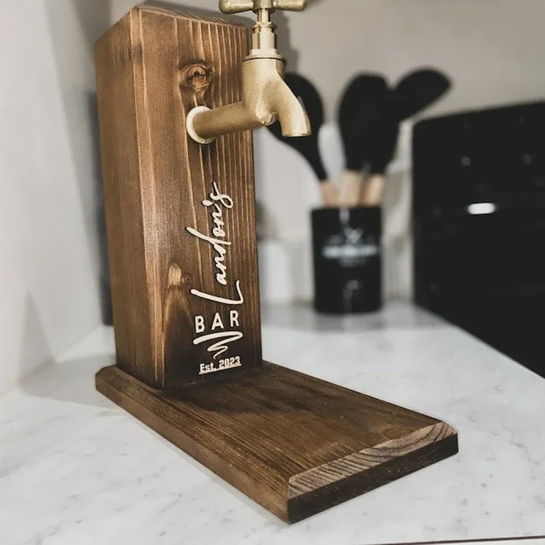 Personalized Embossed Named Wooden Whiskey Dispenser and Wood Coasters Set, Bar, Pub, Wine, Vodka, Liquor Dispenser, Wood Whiskey Fountain