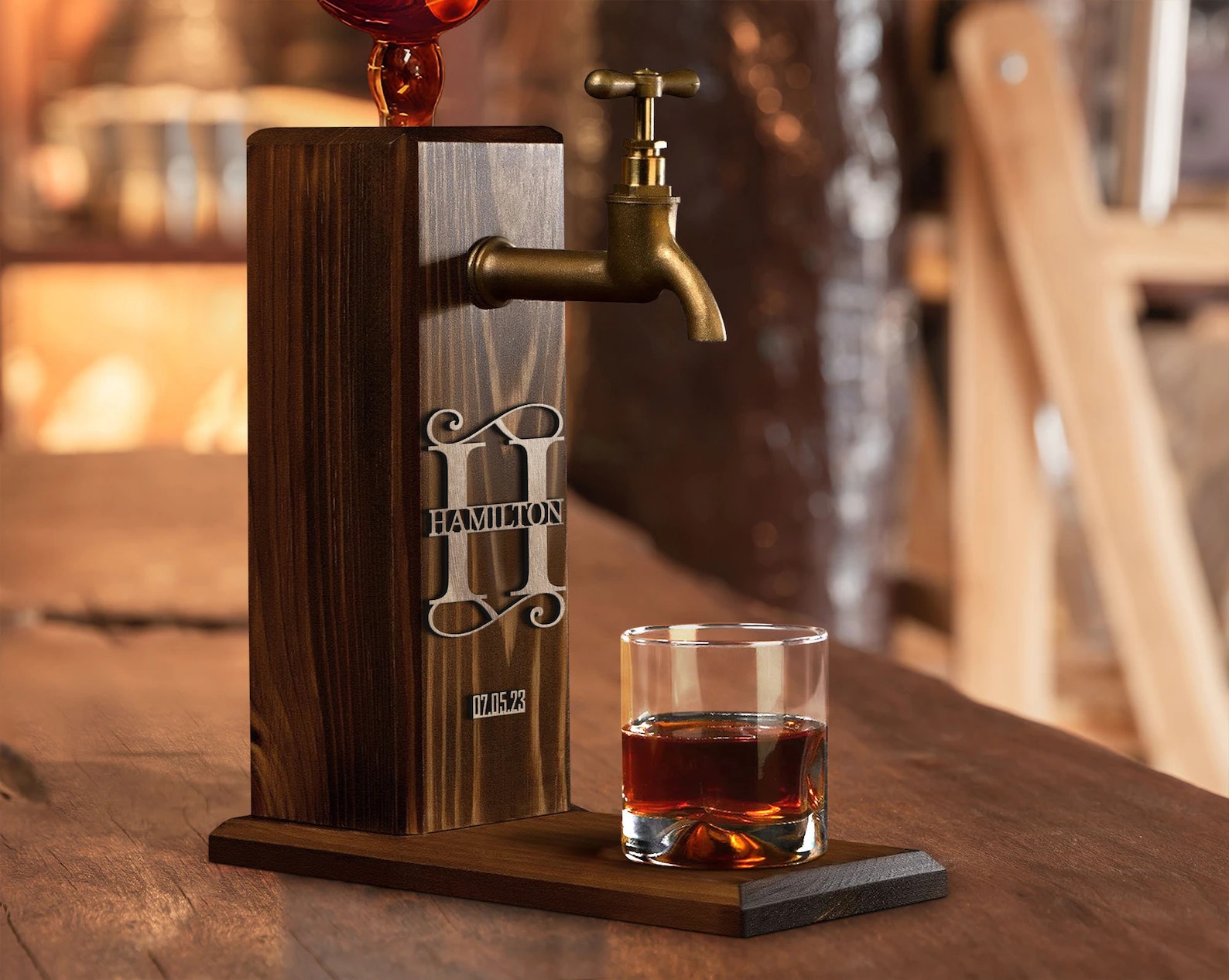Personalized Embossed Name Wooden Whiskey Dispenser, Wood Dispenser, Alcohol Dispenser, Whiskey Fountain, Beverage Dispenser, Gift for Him