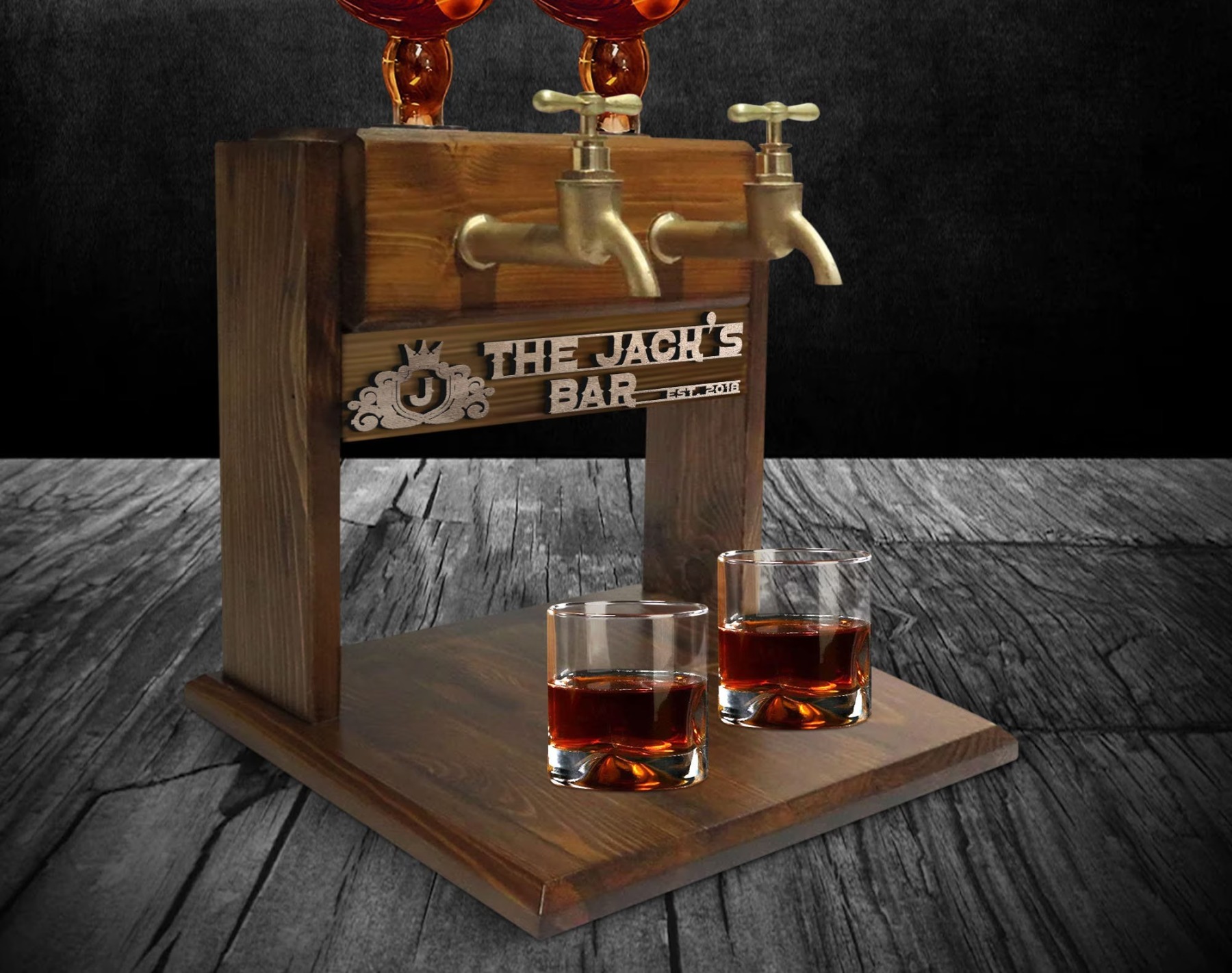 Personalized Embossed Named Wooden Double Faucet Whiskey Dispenser, Bar, Home Bar, Pub and Pub Shed, Wine, Vodka, Liquor Dispenser, Fountain