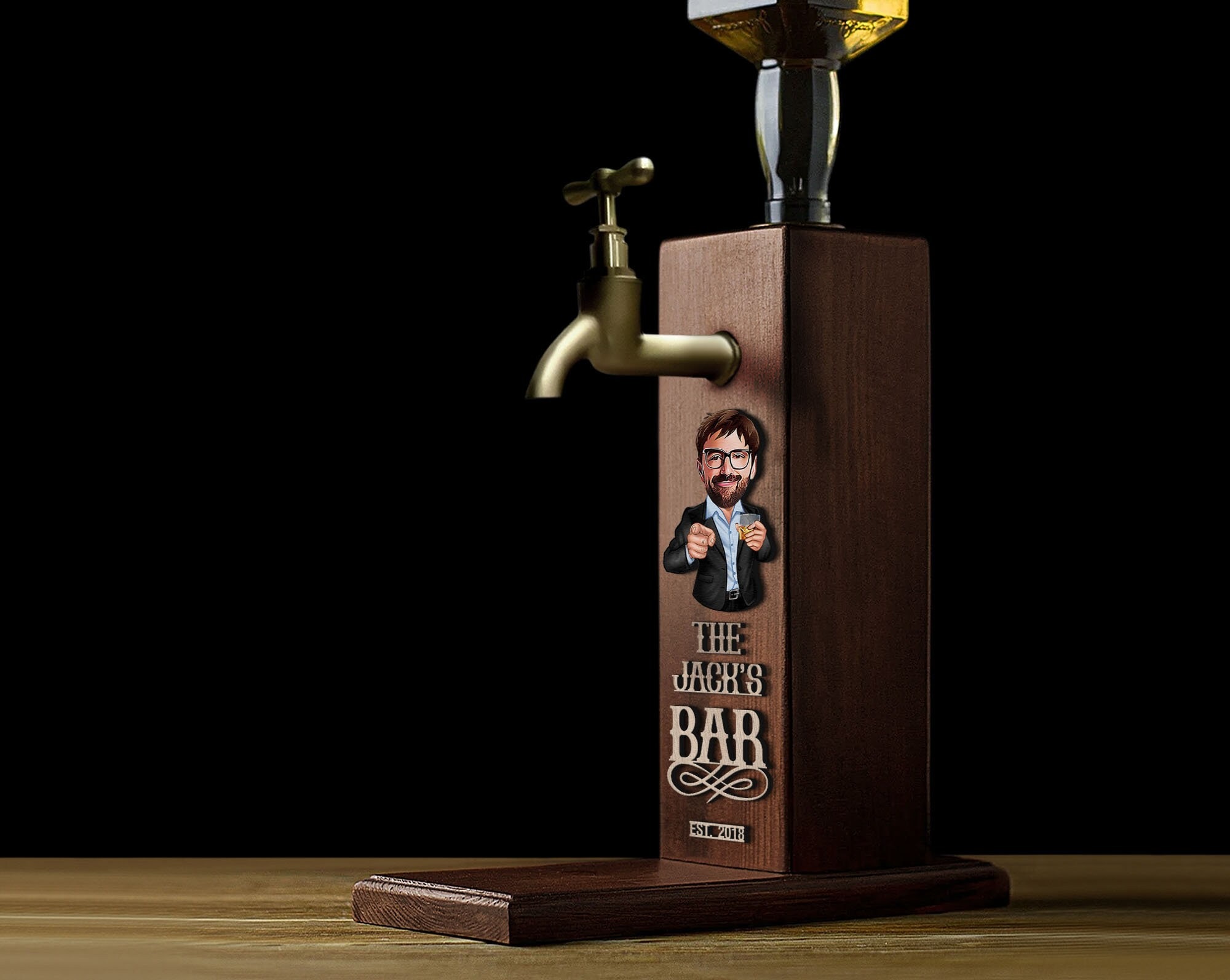 Personalized Embossed Name Wooden Whiskey Dispenser with Cartoon, Bar, Home Bar, Pub and Pub Shed, Wine, Vodka Dispenser, Whiskey Fountain
