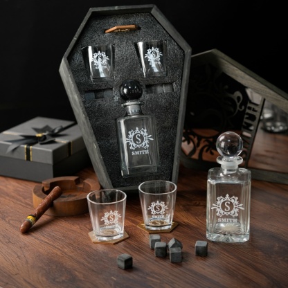 Personalized Coffin Whiskey Decanter Set | Custom Whiskey Decanter & Glass Gift Set