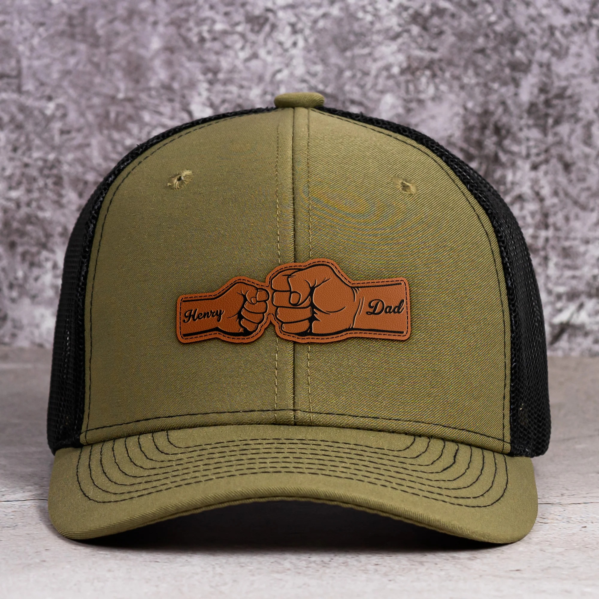 Custom Hat With Kids Names Fist Bump - Personalized Leather Patch Hat
