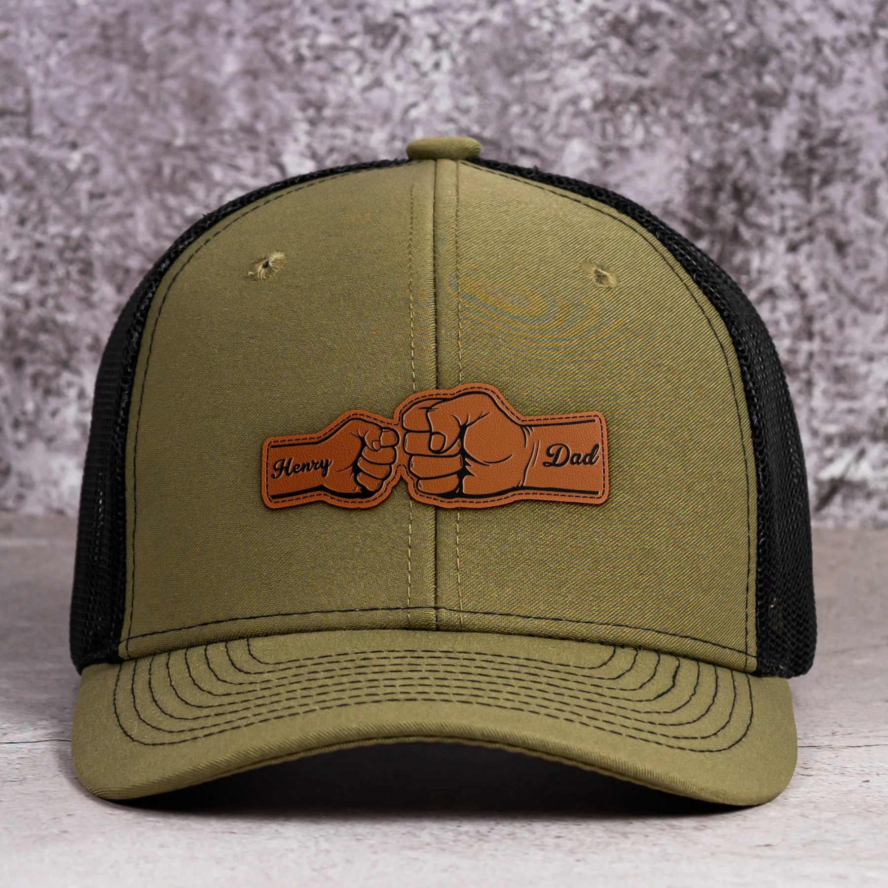 Custom Hat With Kids Names Fist Bump - Personalized Leather Patch Hat